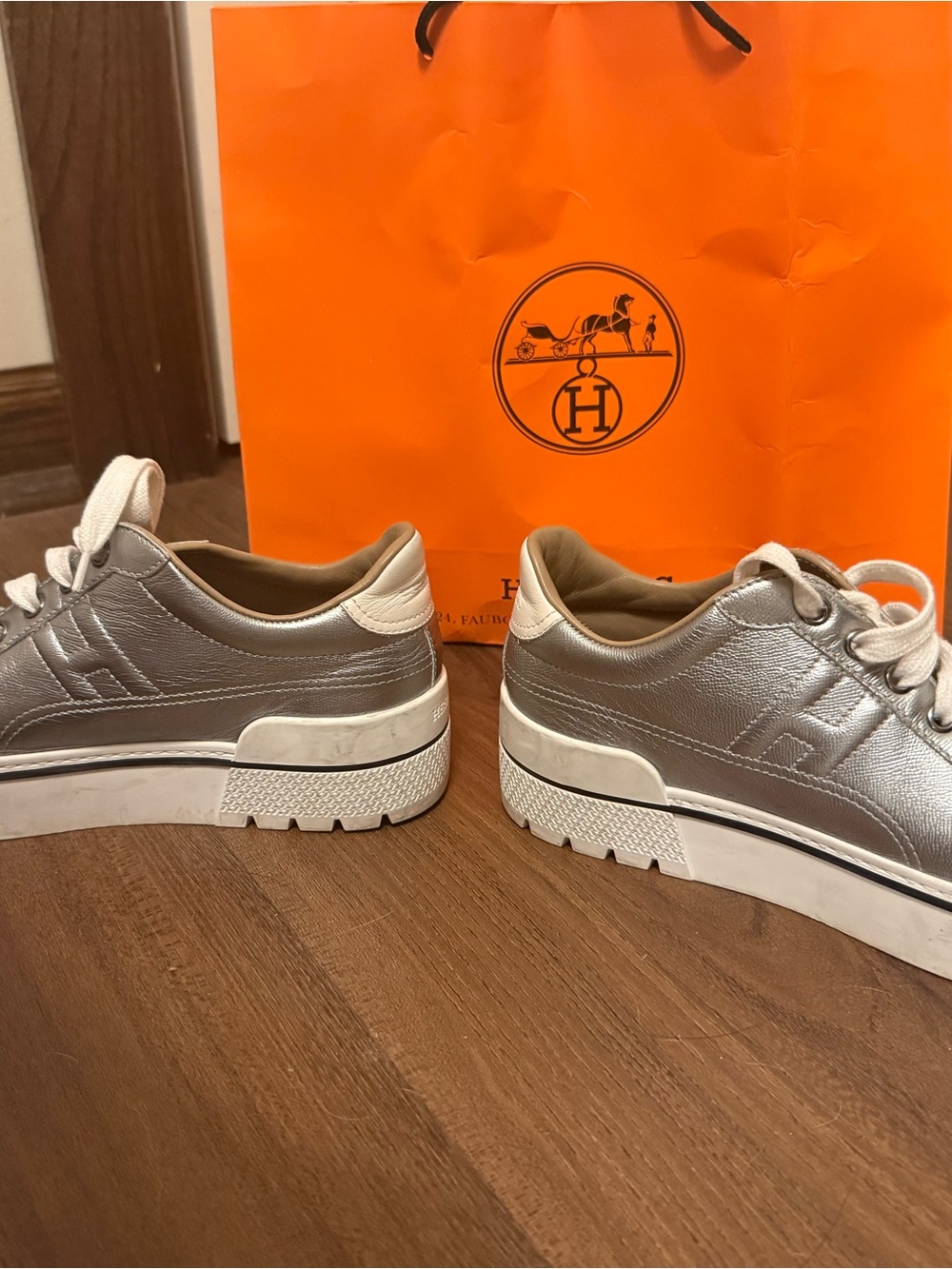Hermes Silver and White Leather Platform Sneakers - Picture 5 of 8